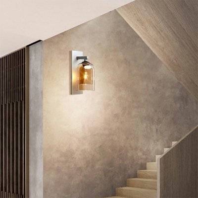 Double Glass Shade Wall Lamp Modern Bedroom Metal Rectangle  Backplate 1-Bulb Wall Sconce