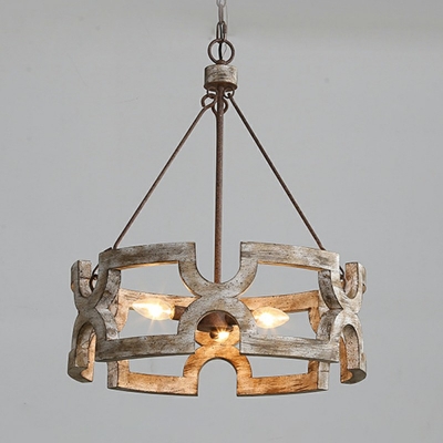 Drum Shaped Industrial Living Room 3-Bulb Suspension Light Wood Frame Chandelier