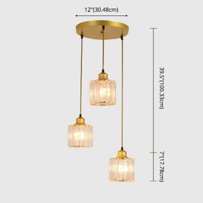 Gold Canopy Suspension Lighting Industrial Restaurant Ribbed Glass Square 3-Head Pendant