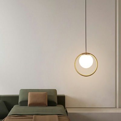 Golden Ring Hanging Light with White Glass Ball Shade Mini Pendant Fixtures for Bedroom in Gold