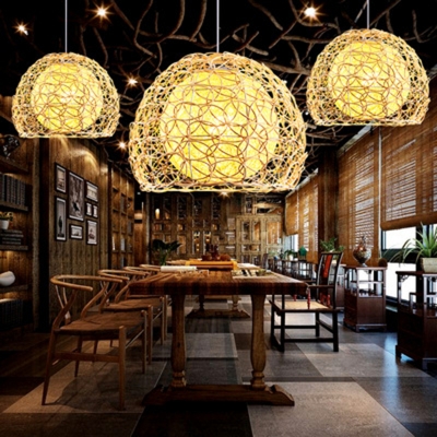 Hemispherical Pendant Light Contemporary Rattan Single-Bulb Restaurant Suspension Lighting in Beige