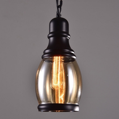 Industrial Living Room Amber Glass Shade Lantern Form Black Metal 1-Bulb Hanging Lamp