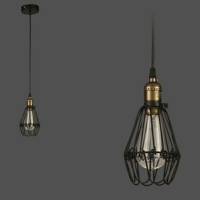 Iron Cage Black Pendant 7.5 Inchs Wide Industrial Living Room Diamond Form 1-Bulb Hanging Lamp