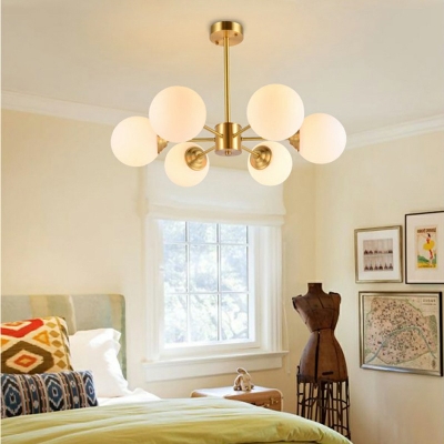 Modern Metallic Hanging Chandelier Light Opal Glass Shade Radial Bedroom Ceiling Chandelier in Gold