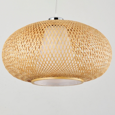 Round Bamboo Cage 1-Light Pendant Asian Style Restaurant Beige Hanging Lantern