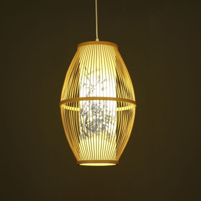 Wooden Oval Ceiling Lamp Asian 1 Head Bamboo 11 Inchs Wide Hanging Pendant Light for Restaurant