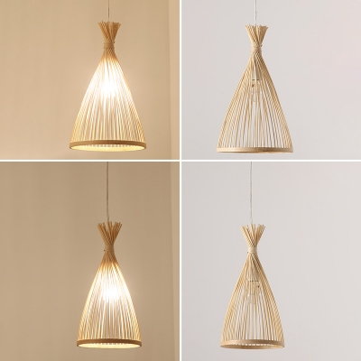 Beige Cone Shade Pendant Asian Style Dining Room Bamboo Cage 2-Bulb Hanging Lamp