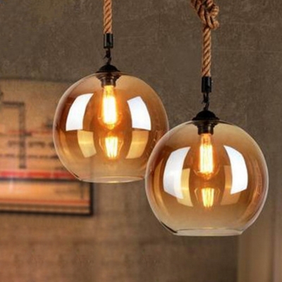Beige Hemp Rope Industrial Restaurant Pendant Ball Amber Glass Shade 1-Head Hanging Lamp