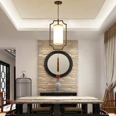 Black Frame Modern Dining Room Pendant Fabric White Shade 1-Head Hanging Lamp