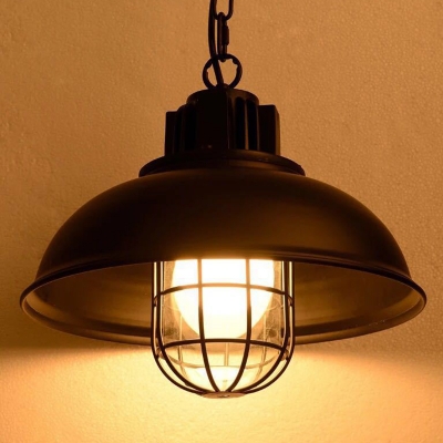 Black Iron Cage Pendant Industrial Living Room Dome Shade 1-Bulb Hanging Lamp