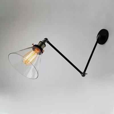 Black Swing Metal Arm Wall Sconce Cone Clear Glass 1-Bulb Adjustable Wall Lamp