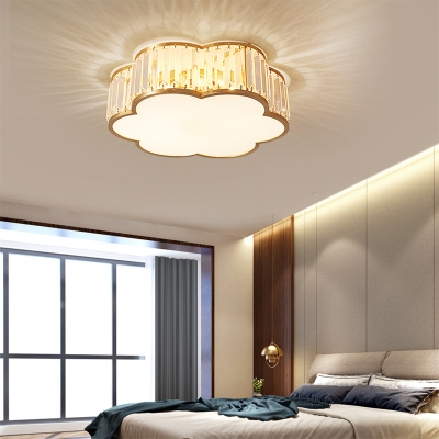 Brass Metal Colonial Style Flushmount Light Flower Crystal Shade 4-Bulb Ceiling Light