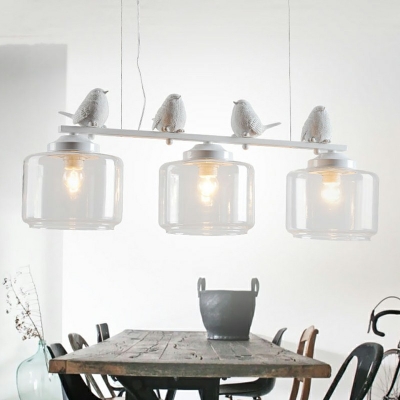 Clear Glass Cylindrical Island Light Nordic 3 Heads Pendant Lighting Fixture with Bird Decor in White