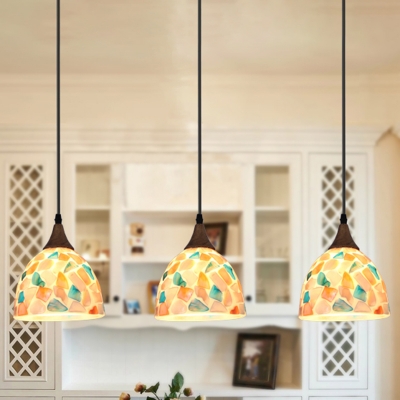 Dome Multi-Light Pendant Mediterranean Light Beige Stained Glass Drop Lamp with Round Canopy