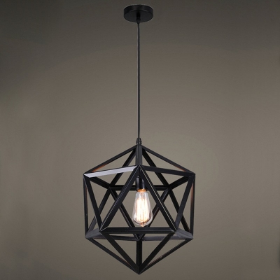 Industrial Metal Frame Pendant Light Hexagon Wrought Iron 1-light Lighting Fixture for Coffee Shop Bar in Black
