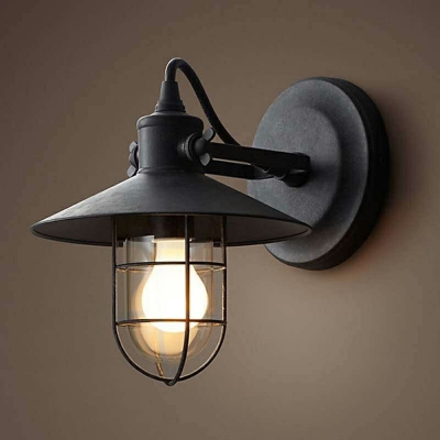Industrial Wall Sconce in Nautical Style 11 Inchs Height Single Light with Metal Cage in Black