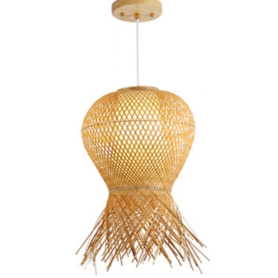 Lantern Bamboo Shade Asian Hanging Light with 1 Light Circle Ceiling Mount Single Pendant for Restaurant