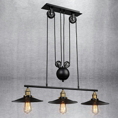 Metal Saucer Shade Island Light Liftable Industrial Retro Style Suspended Lighting Fixture for Bar Cafe Shop in Black