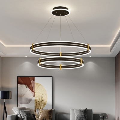 Post Modern Black Chandelier Tiered LED Light Aluminum Circular Ring Chandeliers in 3 Colors Light