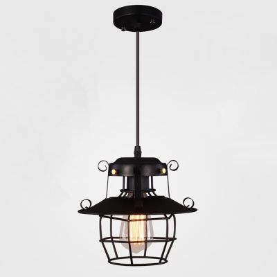 Retro Industrial Ceiling Fixture Circle Metal Ceiling Mount with 1 Light Cage Iron Shade Single Pendant for Living Room