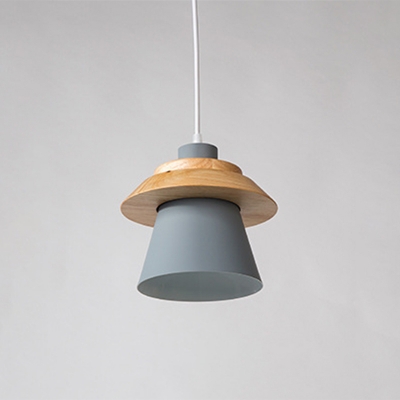 Wood Detail Nordic Living Room Pendant Aluminum Macaron Shade Bell 1-Head Hanging Lamp