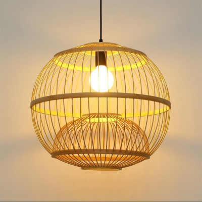 Wooden Sphere Ceiling Hanging Lantern Chinese Single-Bulb Bamboo Suspension Pendant Light