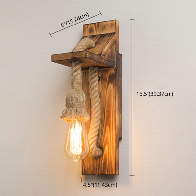 Aged Wood Backplate Wall Lamp Carpenter Style Natural Rope 1 Bare Bulb Wall Sconce
