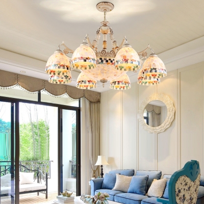 Beige Glass Tiffany Style Living Room Suspension Lighting Bowl White Chandelier