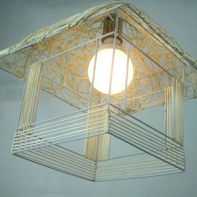 Beige Wooden House Pendant Asian Style Living Room Rattan Shade 1-Bulb Hanging Lamp