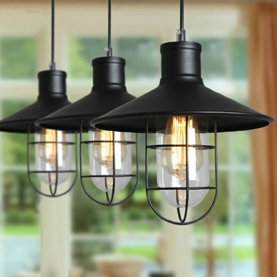 Black Metal Cage Industrial Pendant Clear Glass Shade 1-Bulb 10.5 Inchs Wide Hanging Lamp for Living Room