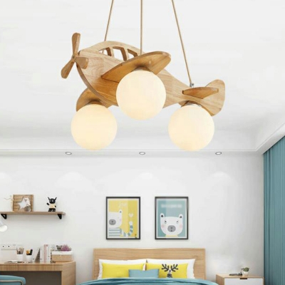 Carpenter Style Living Room Wood Suspension Light Globe White Glass 3-Head Chandelier