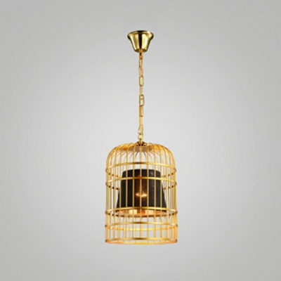 Creative Birdcage Design Suspension Light with Fabric Shade Lighting Fixture in Gold