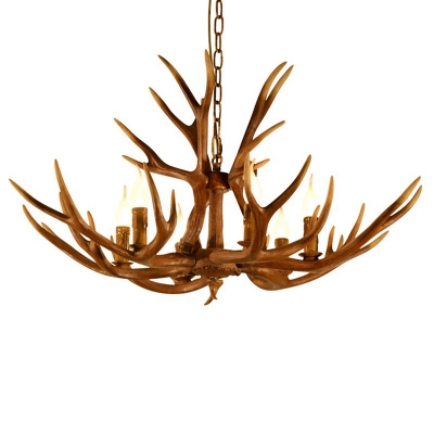 Dark Wood Antler Pendant Lighting 6 Lights with Candle Design Country Style Resin Chandelier