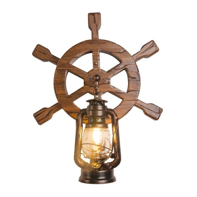 Dark Wood Color Wall Sconce Nautical Style Wood Rudder 1-Bulb Wall Lantern with Glass