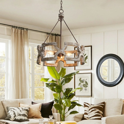 Drum Shaped Industrial Living Room 3-Bulb Suspension Light Wood Frame Chandelier
