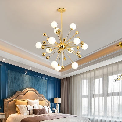 Gold Starburst Pendant Ceiling Lamp Novelty Modern Metal Chandelier Light Fixture with White Glass Globe Shade