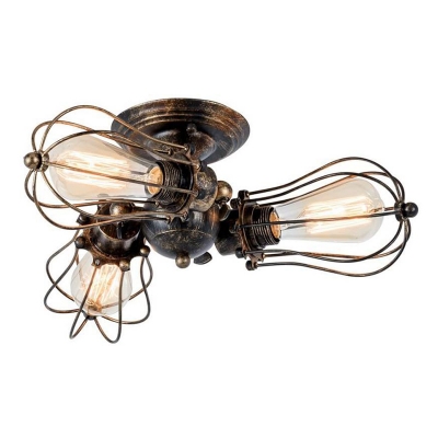 Industrial 3 Bulbs Ceiling Flush Mount Light Rust Metal Wire Cage Ceiling Light Fixture