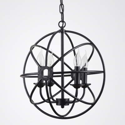 Industrial Living Room Metal Cage Suspension Lighting Candlestick 4-Light Orb Chandelier