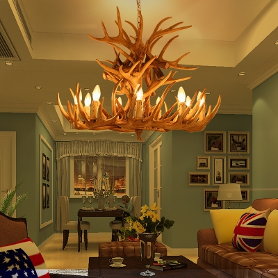 Light Wood Antler Pendant Lighting with Candle Design Country Style Resin Chandelier with 19.5 Inchs Height Adjustable Chain