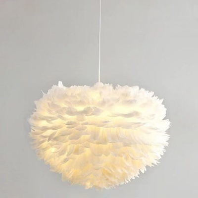 Nordic Bedroom White Pendant Dome Form Feather Shade 1-Head Hanging Lamp