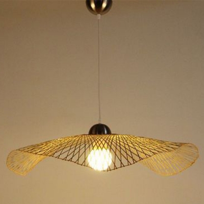 Straw Hat Design Pendant Asian Style Restaurant Beige Bamboo 1-Bulb Hanging Lamp