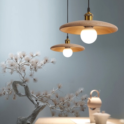 Wood Shade Modern Living Room Pendant Pot Lid 1-Bulb Hanging Lamp