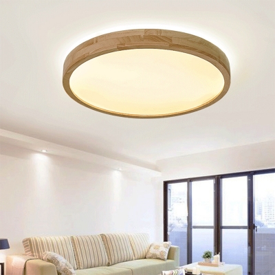 Bedroom LED Flushmount 16 Inchs Wide Nordic Wood Thin Ceiling Flush Light with Round Shade