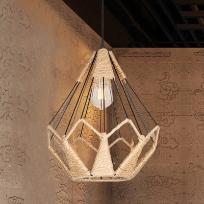 Beige Hemp Lamp Decoration Pendant Industrial Restaurant Black Iron Cage Diamond Hanging Lamp
