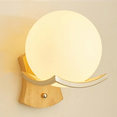 Beige Wall Light Sconce Modernism Wood Single Head Wall Lamp with White Glass Shade