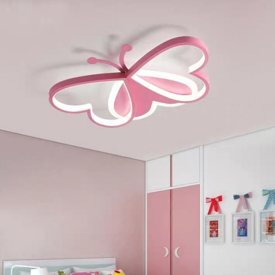 Butterfly Ceiling Flush Mount Light Cartoon Style LED Metallic Ceiling Light Fixture in Pink