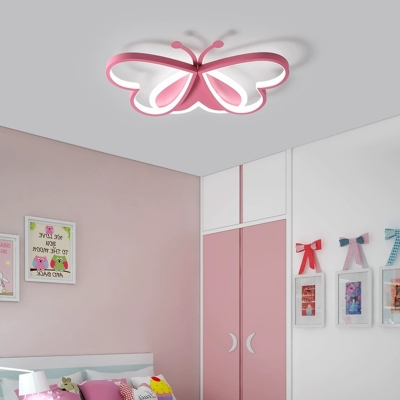 Butterfly Ceiling Flush Mount Light Cartoon Style LED Metallic Ceiling Light Fixture in Pink