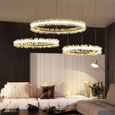 Clear Crystal Decoration LED Suspension Lighting Modern Living Room Gold Ring 3-Tier 3-Light Chandelier