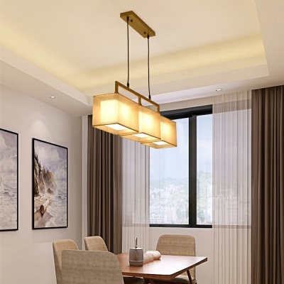 Double-layer Fabric Shade Island Lighting Pendant Chinese Style Metal Rectangle Hanging Light for Dining Room