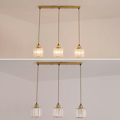 Gold Canopy Suspension Lighting Industrial Restaurant Ribbed Glass Square 3-Head Pendant